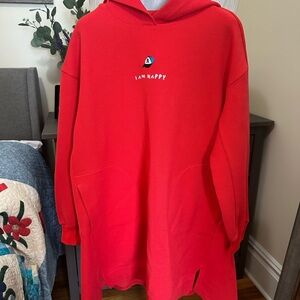 Red Hooded Sweatshirt with 'I Am Happy' Embroidery